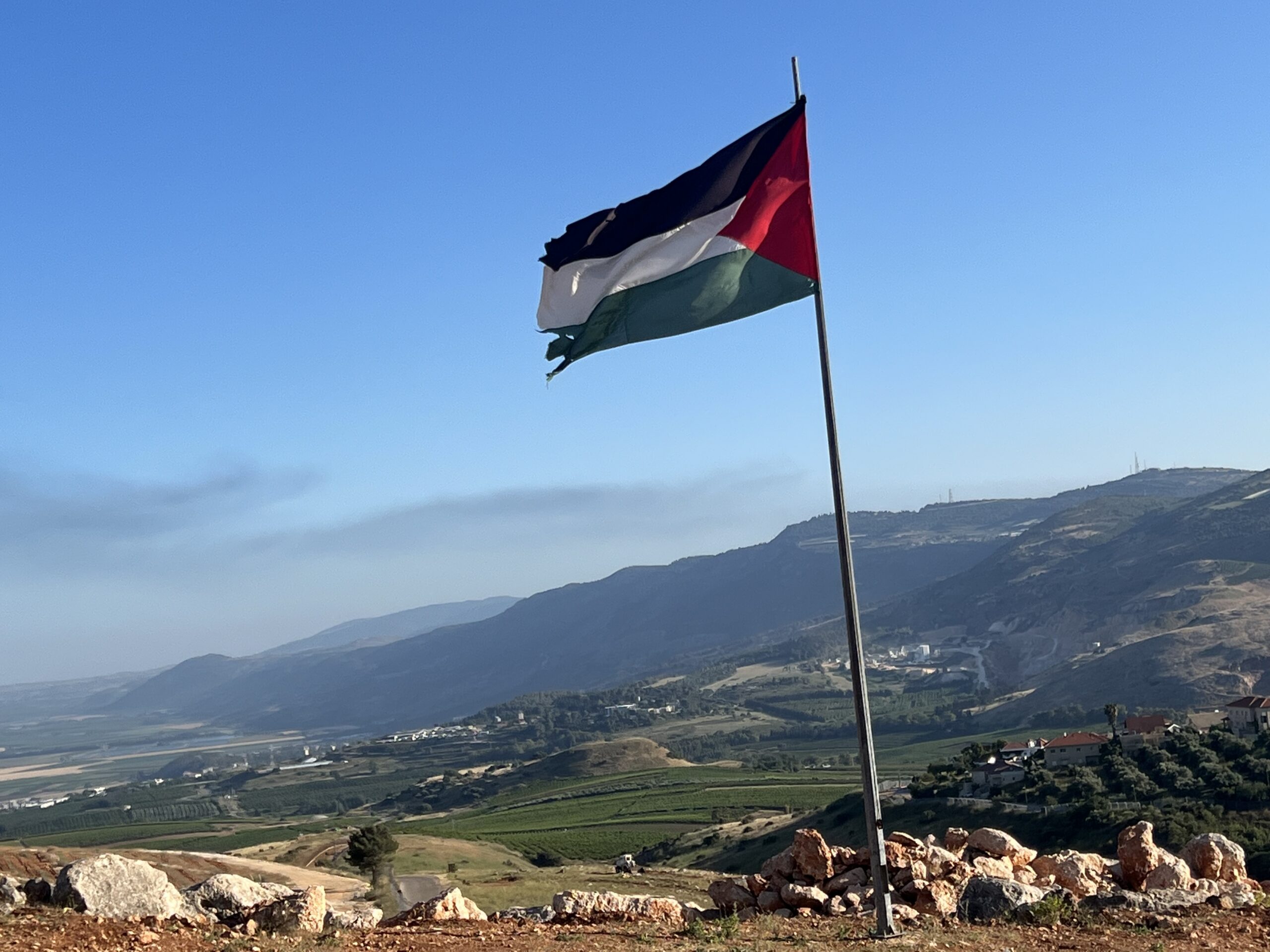 A Palestinian flag in Khiam in Lebanon (a town that is completely destroyed now) overlooking occupied Palestine. May 2023. 
