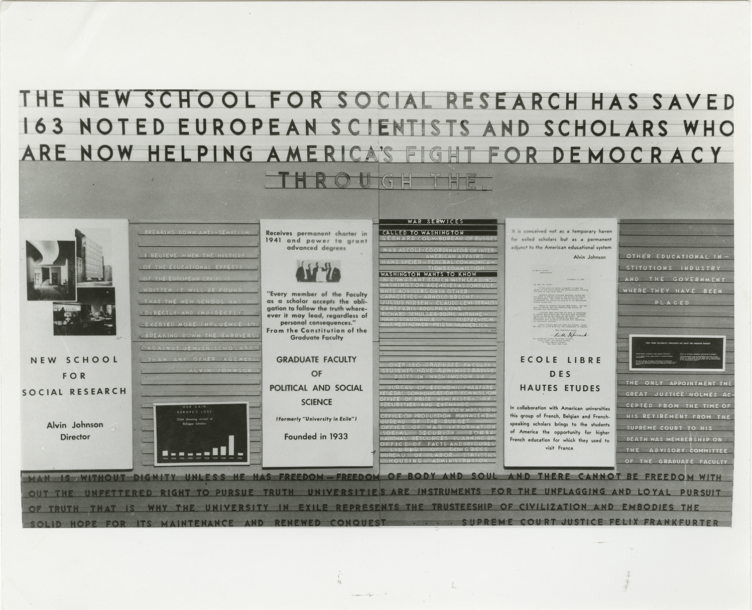 Wall Panel at the New School during WWII that reads New School for Social Research Has Saved Noted European Scientists and Scholars...